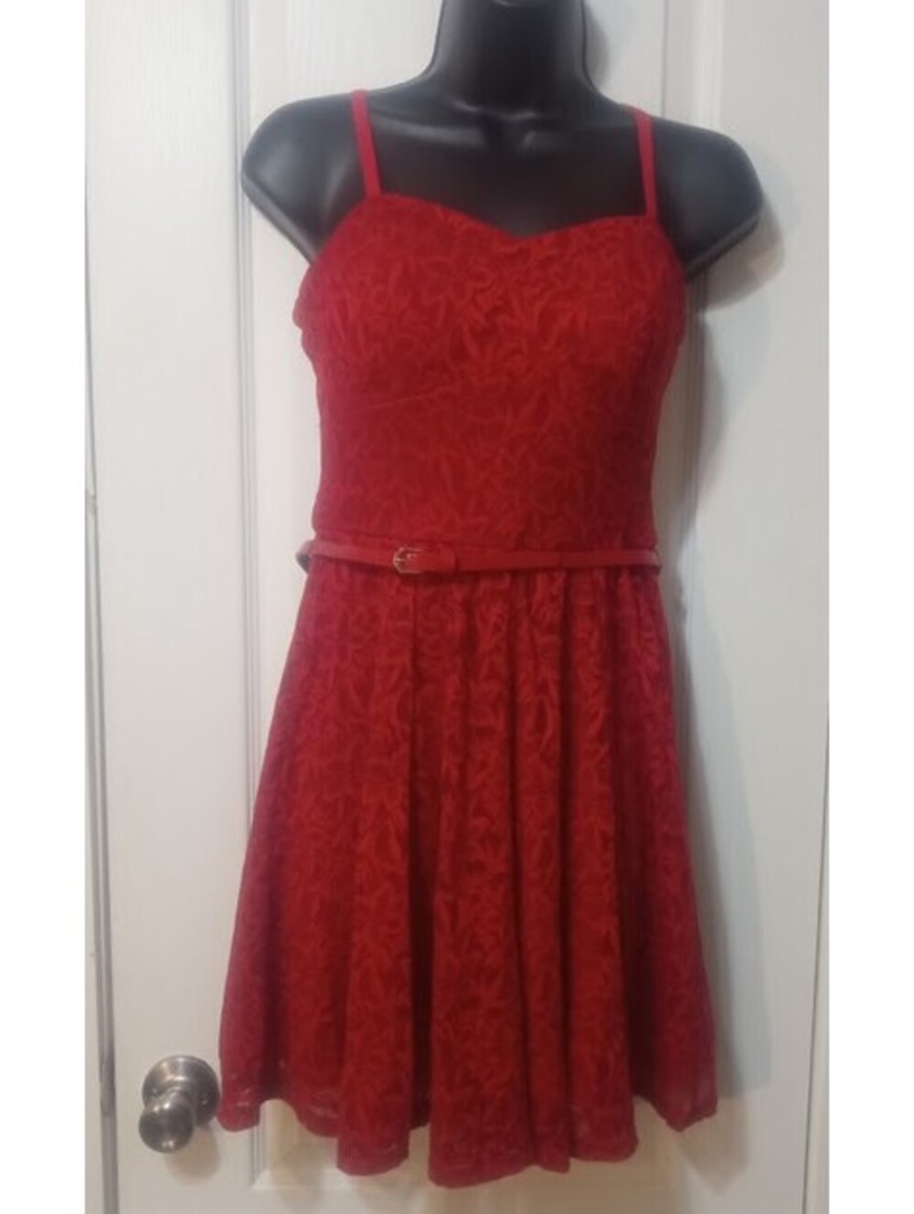 Red Lace Belted Dress — Lily Rose, Size Medium